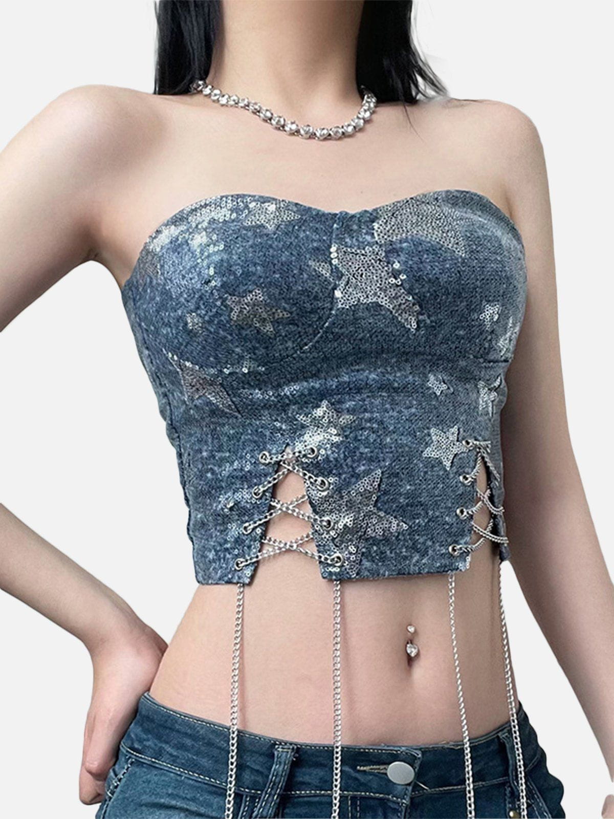 Glitter Star Chain Cropped Denim