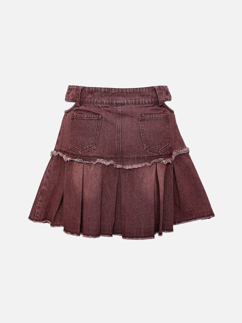 Fringe Denim Pleated Skirt