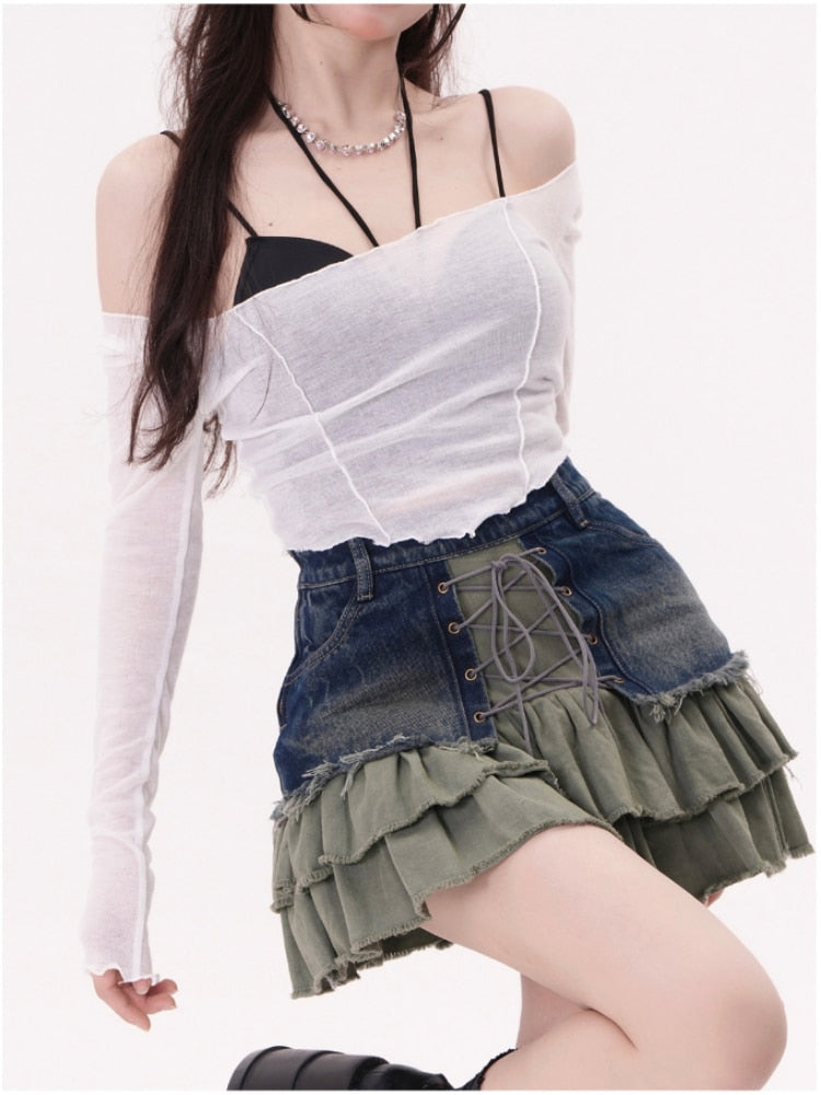 Vintage Denim Ruffles Skirt