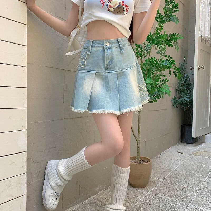 Denim Butterfly Embroidery Mini Skirt