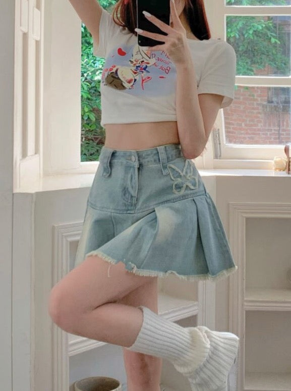Denim Butterfly Embroidery Mini Skirt