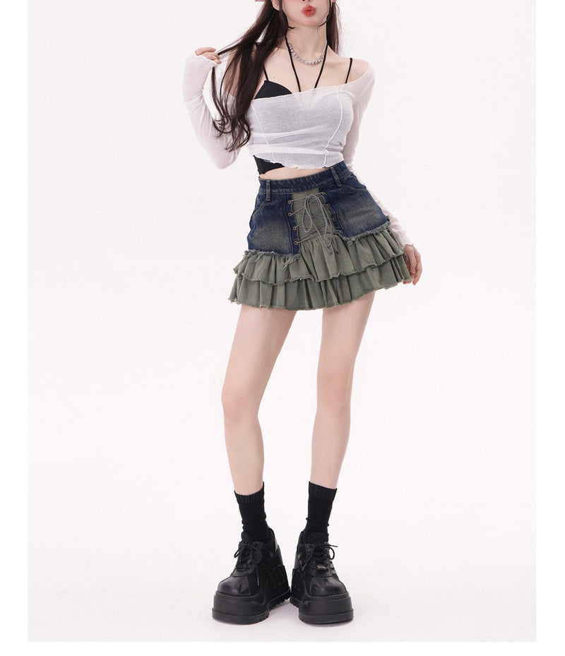 Vintage Denim Ruffles Skirt