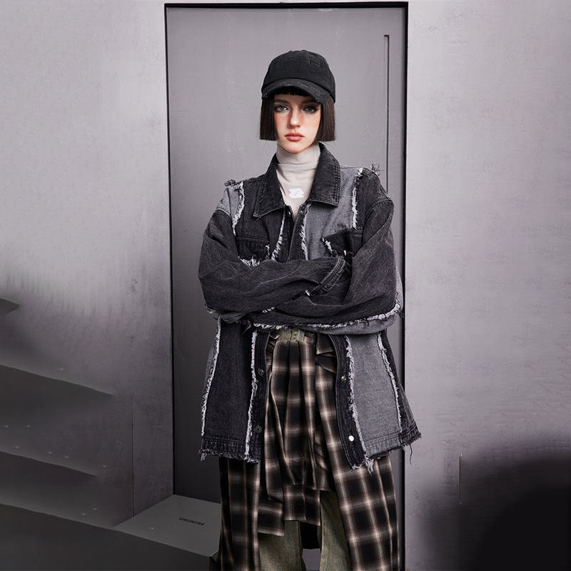 "Street Star" Patchwork Black Denim Jacket