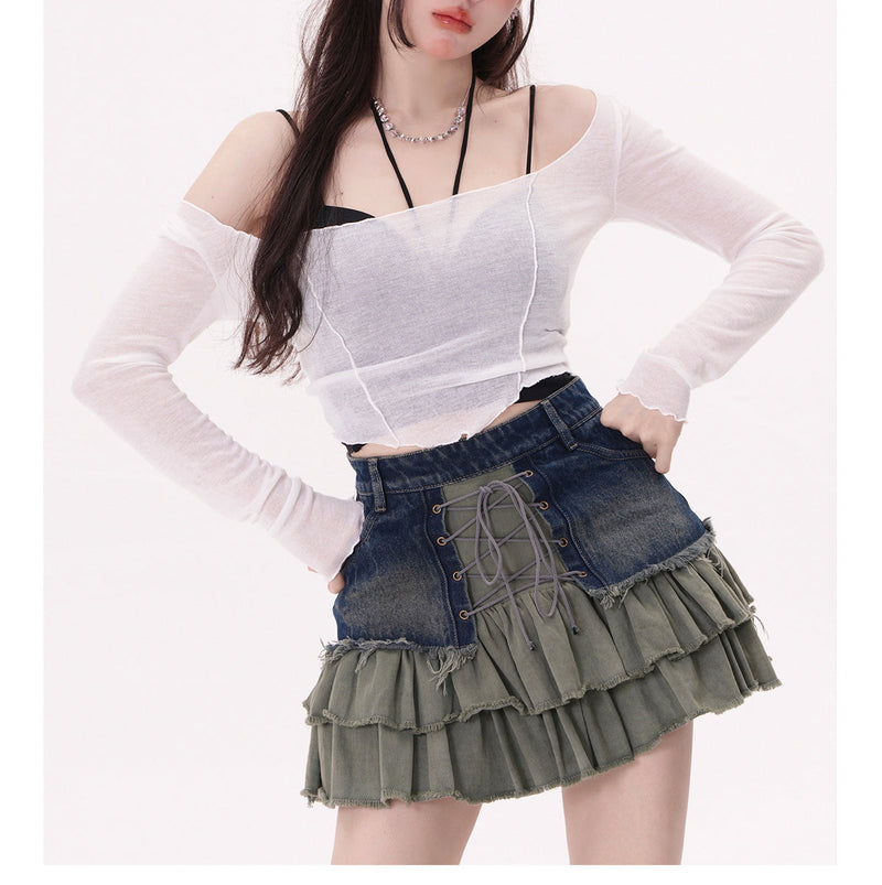 Vintage Denim Ruffles Skirt