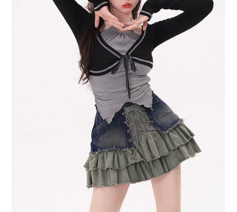 Vintage Denim Ruffles Skirt