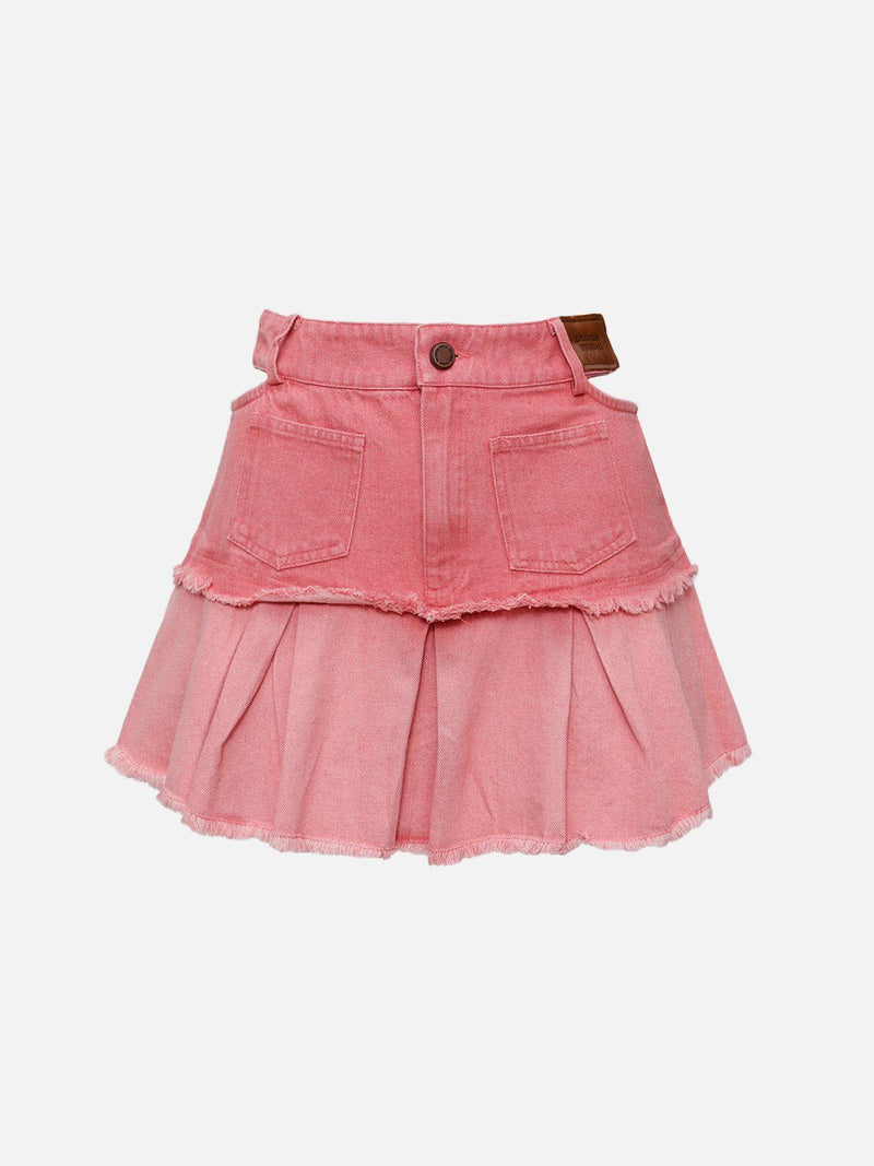 Fringe Denim Pleated Skirt