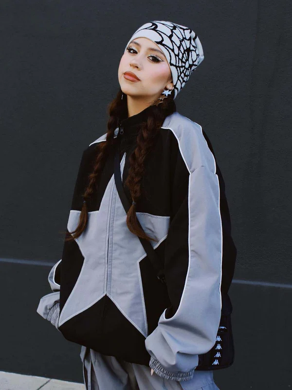 Stripe Star Zipper Patchwork Jacket