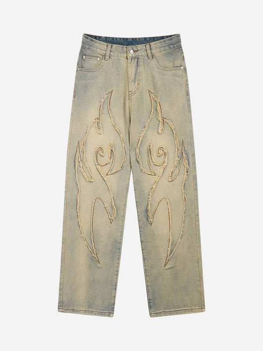 "Street Star" Fire Fringe Lines Straight Jeans