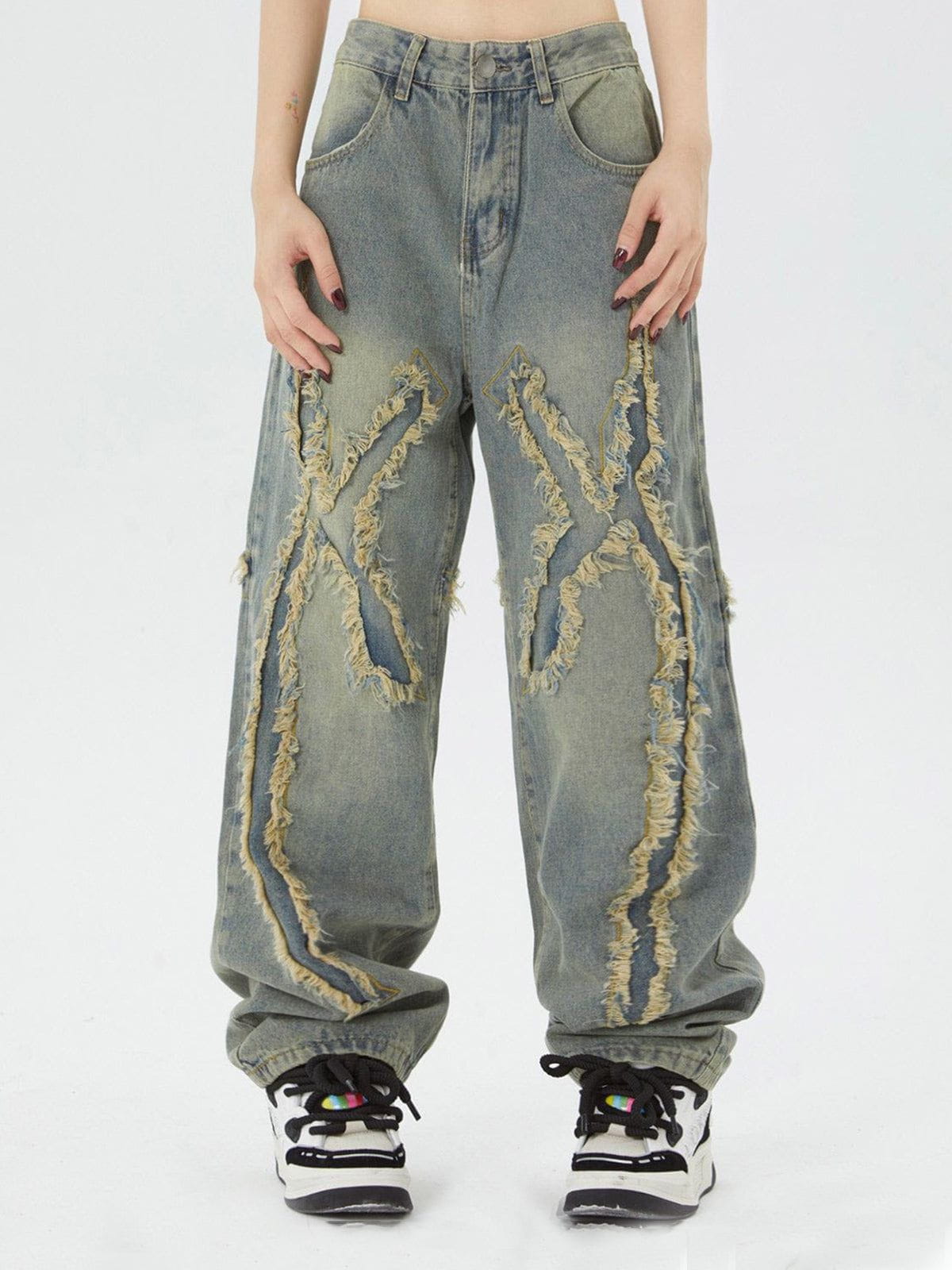 "X" Washed Fringe Jeans