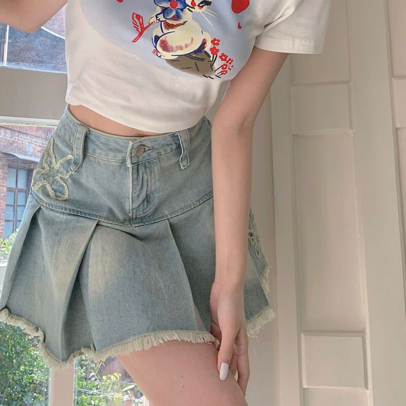 Denim Butterfly Embroidery Mini Skirt