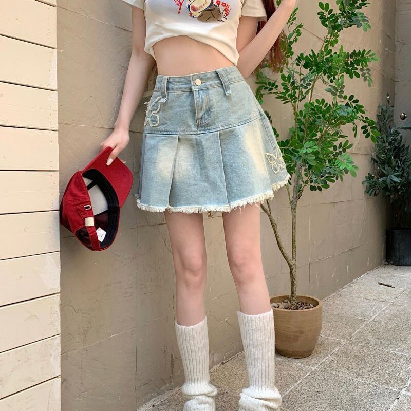 Denim Butterfly Embroidery Mini Skirt