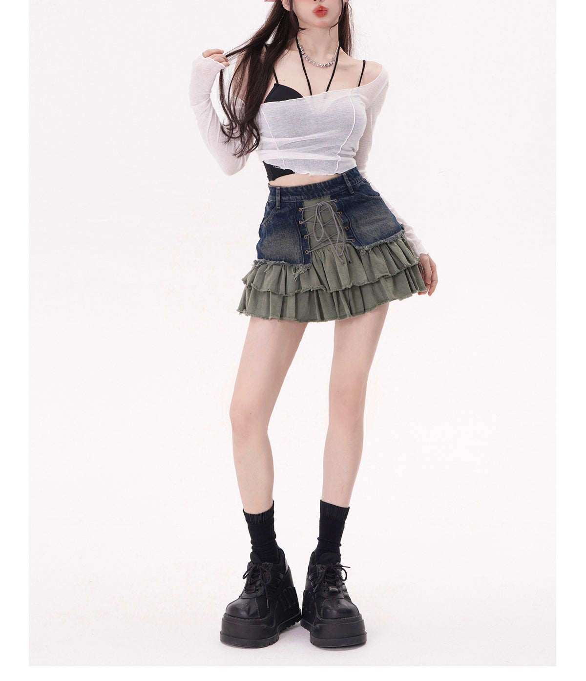 Vintage Denim Ruffles Skirt