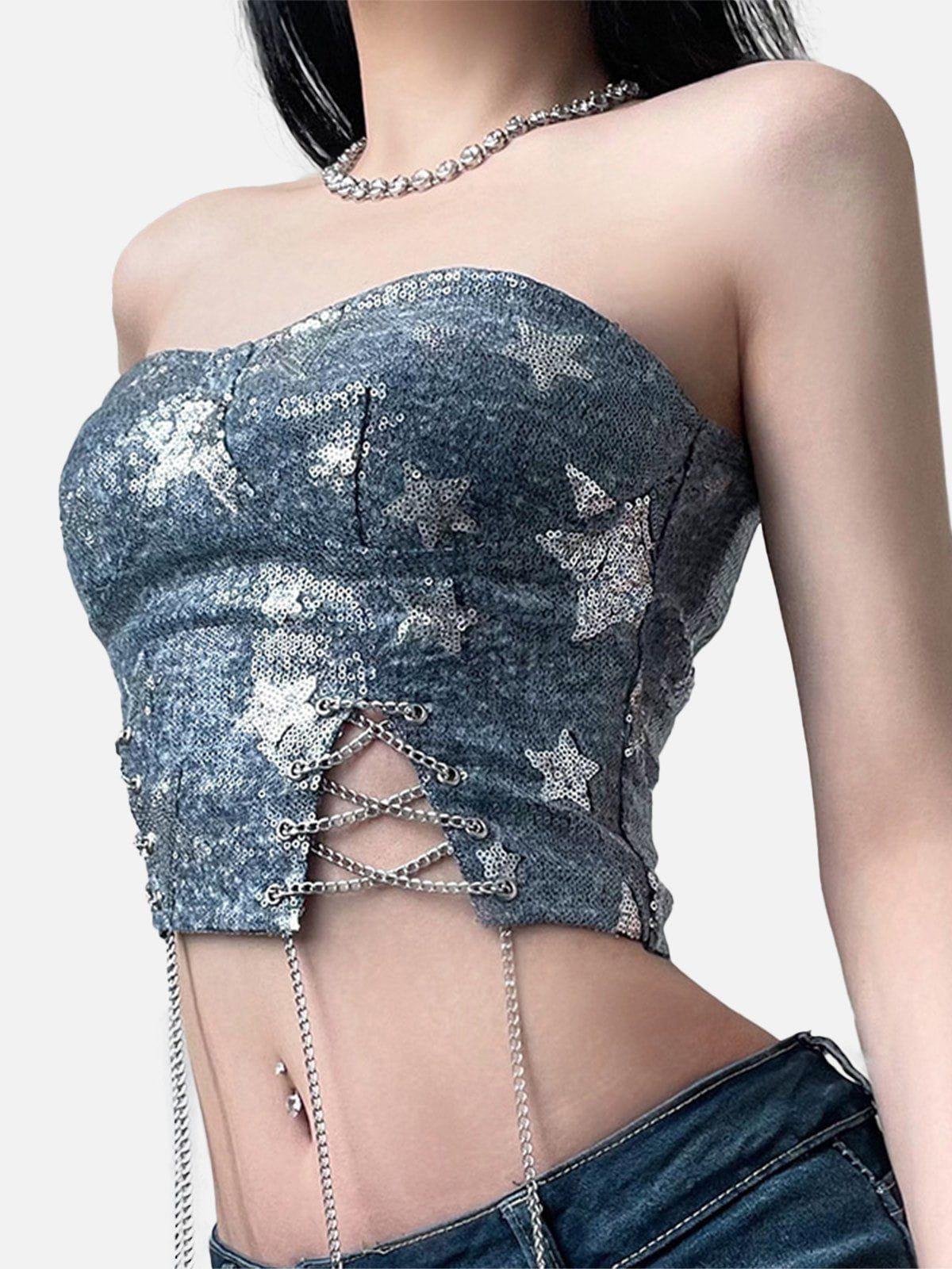 Glitter Star Chain Cropped Denim